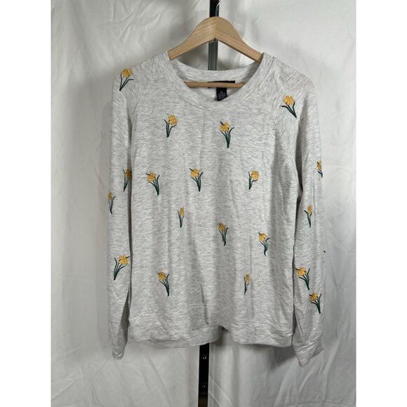 Joan Vass New York Gray Floral Sweater Women’s XL Stretch Knit Crew Neck - Picture 2 of 7